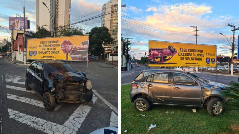 Veículos batidos são expostos pela cidade como alerta ao trânsito