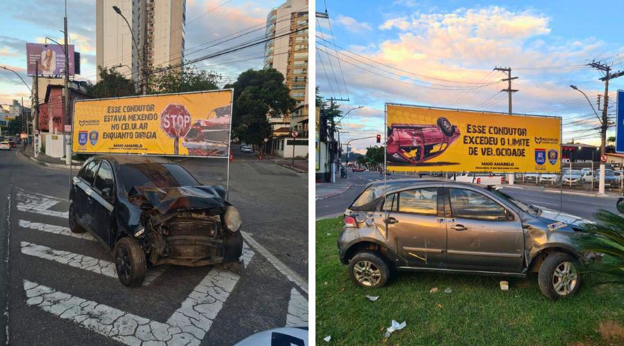 Veículos batidos são expostos pela cidade como alerta ao trânsito