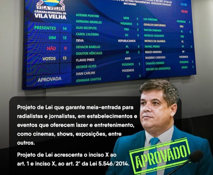 Vereador Maturano consegue aprovação de projeto que garante meia-entrada para jornalistas e radialistas em Vila Velha